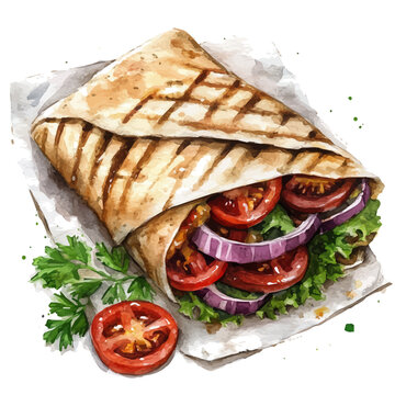Shawarma, watercolor illustration vector, isolated on a white background.