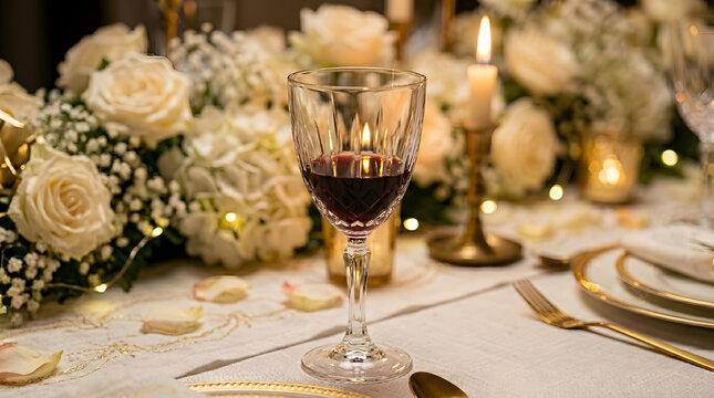 Dining table setup with a glass of red wine, white roses, and glowing candles at night