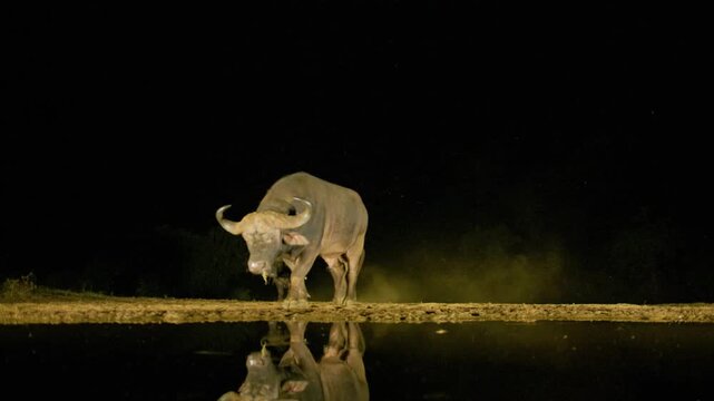 A herd of African Buffalo (Syncerus caffer) gathering at a river to drink water at night.