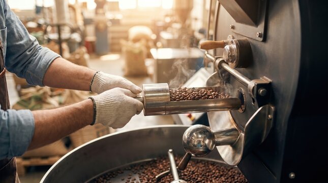 Roaster hands wearing safety gloves pulling a sample scoop of hot coffee beans from a roasting machine