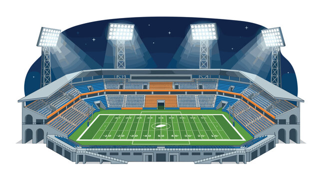 An American football stadium at night with a lined playing field and orange accented seating sections illuminated by bright floodlights against a dark blue sky background.