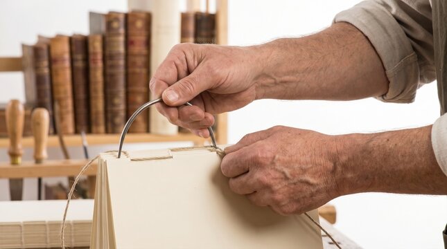 Artisan hands tying knots with thick twine while hand sewing paper signatures for traditional bookbinding