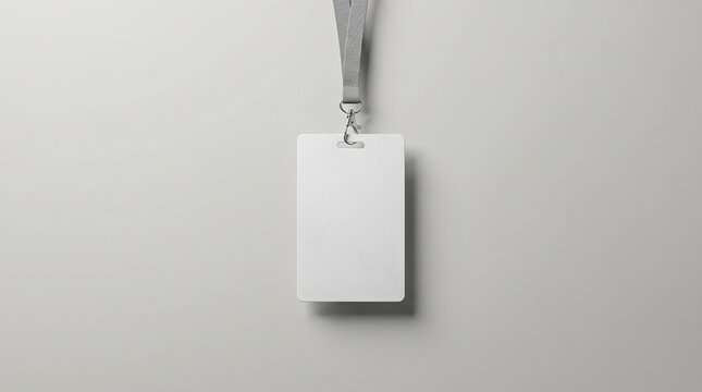 Blank identification badge with a grey lanyard hanging against a plain white background for professional corporate branding mock up designs