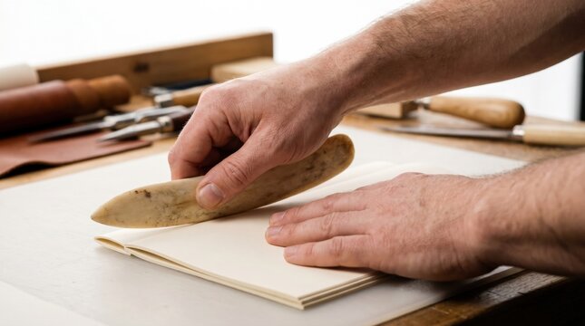 Craftsman hands pressing a bone folder tool to crease folded paper pages for traditional bookbinding