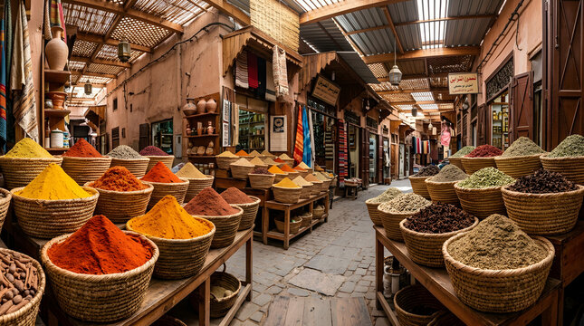 Colorful spices in woven baskets at a traditional moroccan souk market with wooden stall shelves