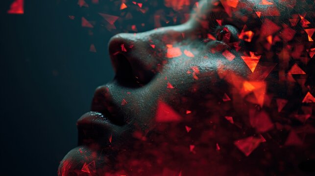 Artistic portrait of a face dissolving into glowing red geometric particles against dark background, symbolizing transformation and digital fragmentation