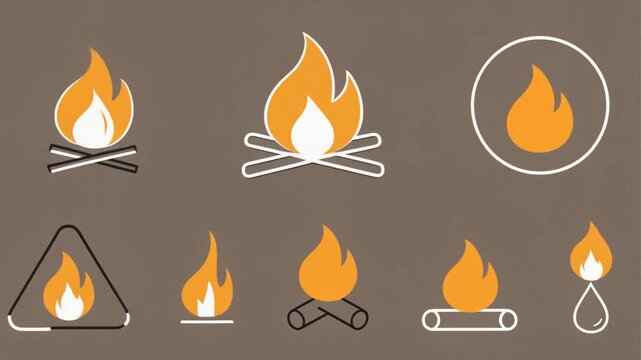 Collection of Simple Fire Icons Representing Campfires, Flames, and Heat Energy in Various Stylized Designs