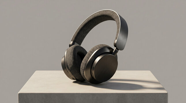 Modern wireless over ear headphones featuring a sleek metallic finish and premium fabric texture sitting on a clean stone pedestal