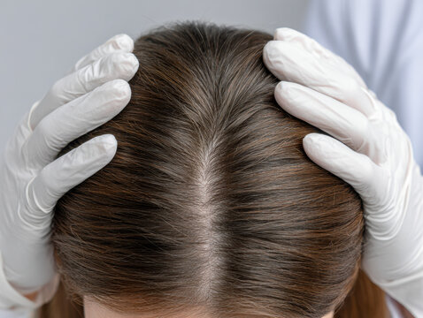Doctor wearing white gloves examining scalp and hair parting of a person for hair health or dermatological assessment in a clinical setting