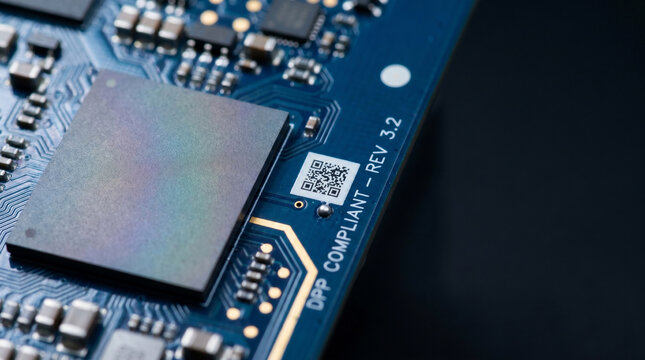 Micro QR and DPP Compliant Text Silk‑Screened Next to Processor &ndash; Circuit‑Board Passport Macro &ndash; Data Embedded &ndash; Cool‑Tech White Ring Light