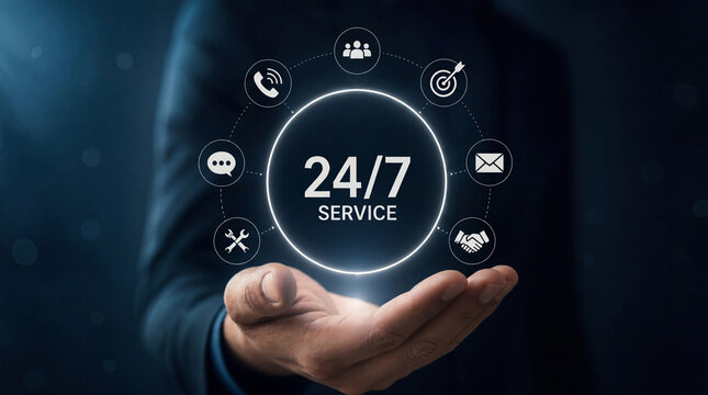 Futuristic 24/7 customer service hologram interface with digital support icons and glowing technology ring