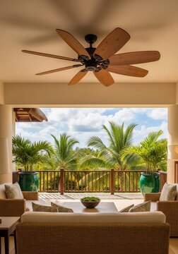 Ceiling fan overlooking tropical landscape