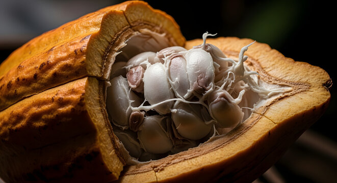 Freshly opened cacao pod revealing white pulp covered cocoa beans inside a dark tropical setting
