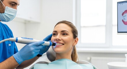 Fototapeta premium Dentist using modern intraoral scanner to examine smiling woman's teeth for digital scan