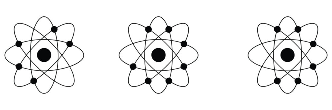 Atom icon set with atomic structure and nuclear energy symbols illustrating science, physics, chemistry concepts,