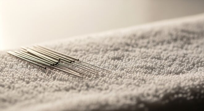 Acupuncture needles arrayed on a soft white towel, symbolizing traditional Chinese medicine and holistic healing