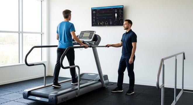 Man exercising on treadmill during fitness test with trainer watching and monitoring data on screen