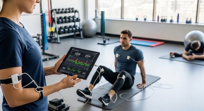 Fitness trainer monitors athlete's workout data on tablet in gym with wearable sensors