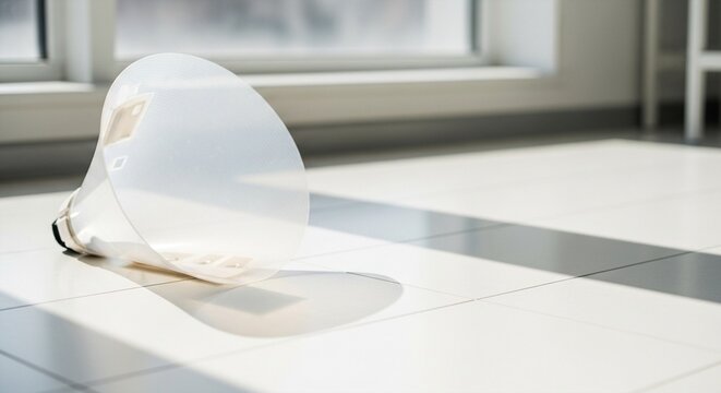 Cone of shame for pet healing on tiled floor with sunlight