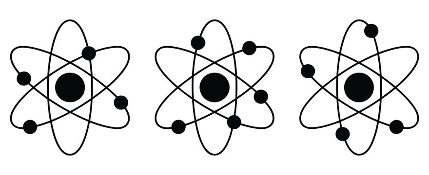 Atom icon set featuring atomic structure symbols, nuclear energy concepts, and science molecule illustrations in clean modern vector