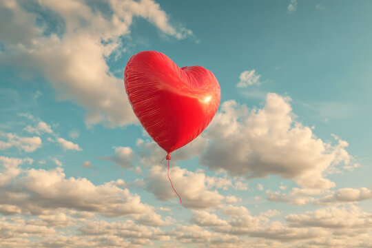 A red heart-shaped balloon floating gently against a bright blue sky dotted with fluffy white clouds on a peaceful day of love and hope