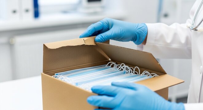 Medical professional in blue gloves opening a box of surgical face masks