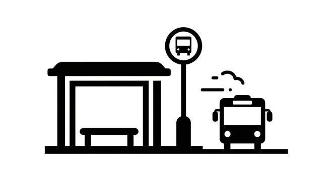 Urban Bus Stop with Approaching Bus Icon Illustration - Public Transportation Graphic Symbol for City Travel and Commute