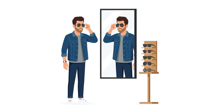 A man wearing a blue denim jacket tries on dark sunglasses while looking at his reflection in a mirror inside a professional optical goods retail store environment.