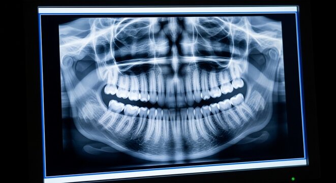 Panoramic dental x-ray displaying healthy teeth and jawbone structure on a monitor