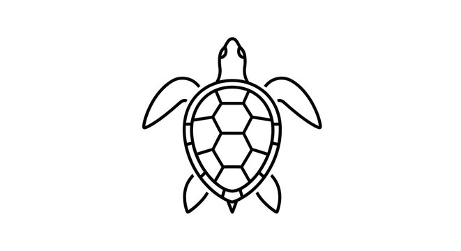 Elegant Line Art Sea Turtle Icon. Black and White Vector Illustration of a Marine Reptile with a Detailed Hexagonal Shell Pattern. Minimalist Ocean Animal Symbol.