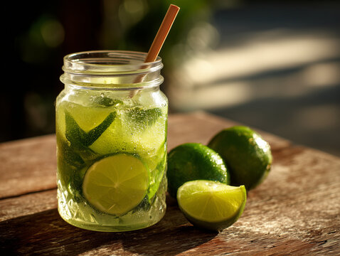 Brazilian Caipirinha with Fresh Lime Slices and Bamboo Straw in a Glass Jar