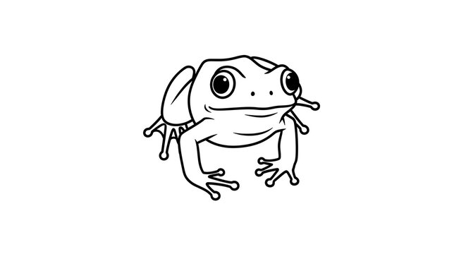 Cute cartoon frog black and white line art illustration, simple hand drawn amphibian icon for kids design and nature concepts