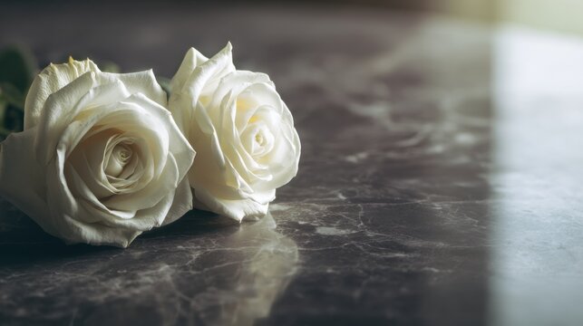 Two elegant white roses resting on a reflective marble surface with soft natural light creating a serene and delicate floral composition for inspiration