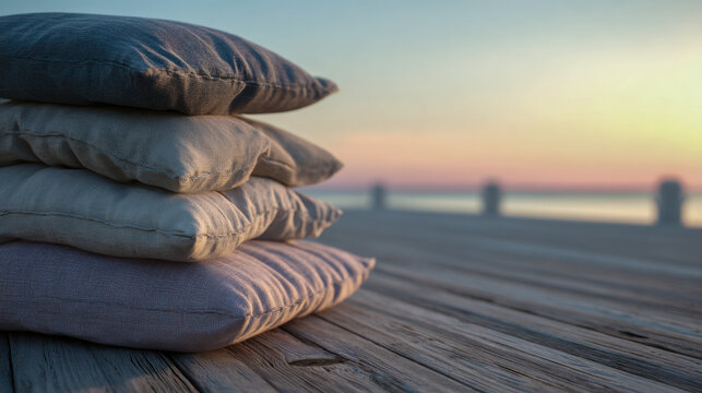 Soft stacked cushions arranged on weathered wooden dock with calm water and pastel sunset sky in the background for outdoor relaxation vibes