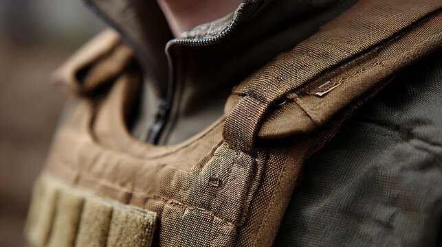Close-up detail of a tactical vest, shoulder strap, and armored plate carrier in outdoor setting, portraying strength and readiness