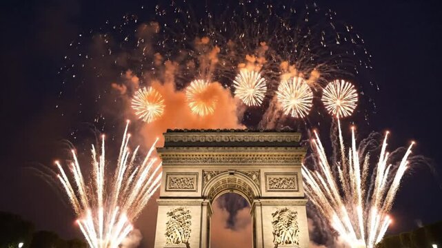 Spectacular Fireworks over the Arc de Triomphe in Paris at Night