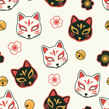 Japanese Kitsune Mask Seamless Pattern