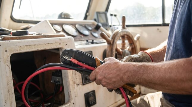 Marine mechanic using a crimping tool on heavy red and black electrical cables in a boat