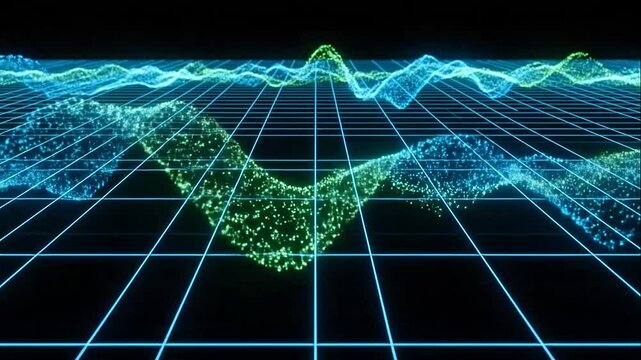 Vibrant digital waveform graph with glowing lines.