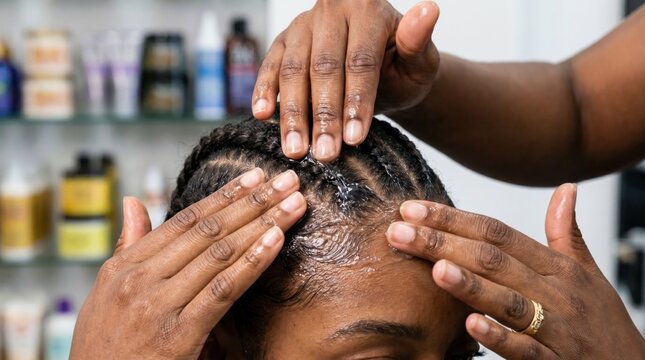 Hairdresser hands applying styling gel to tight neat cornrow braids on a woman's head