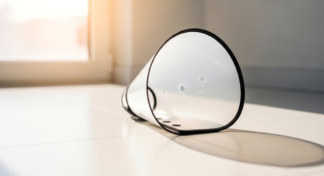 Pet Elizabethan collar cone lying on white floor near window, close up