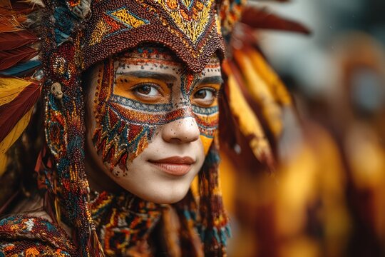 Woman wearing vibrant, beaded traditional headdress with intricate fac
