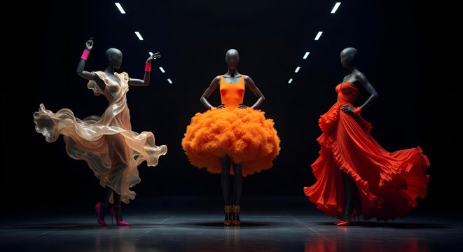 Avant-garde fashion mannequins in vibrant orange and red couture gowns, dramatic runway lighting on dark stage, high-end designer apparel display