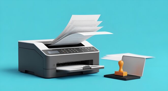 Modern laser printer with flying paper sheets, office printing equipment on blue background, professional document processing and rubber stamp