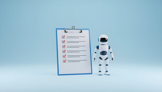 Robot, checklist clipboard, futuristic business concept, technology and task management