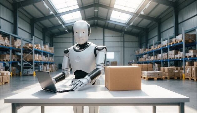 Generic humanoid robot working in a warehouse, placing a cardboard box on a table and typing on a laptop, automated logistics and smart factory concept.