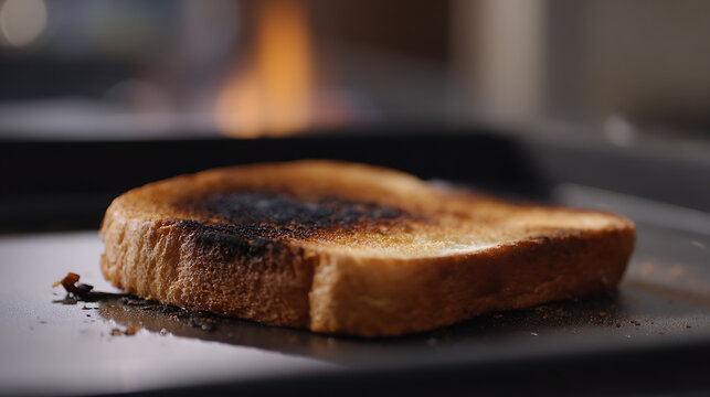 Burnt Slice of Bread on a Dark Surface with Soft Focus Flame in Background, Depicting a Common Kitchen Mishap and Focus on Texture