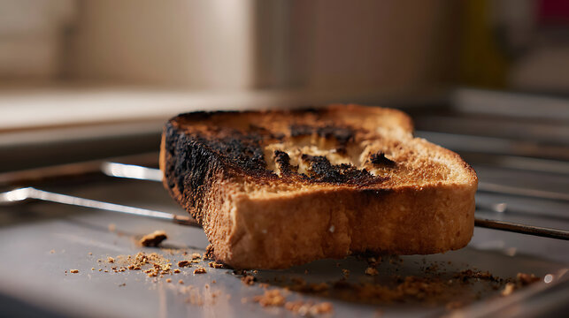 A single slice of burnt toast sits precariously on a silver toaster rack, crumbs scattered around, highlighting a common kitchen mishap