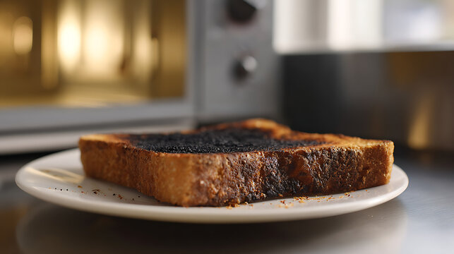 A perfectly charred slice of bread rests on a white plate, positioned in front of a glowing domestic oven, suggesting a kitchen mishap