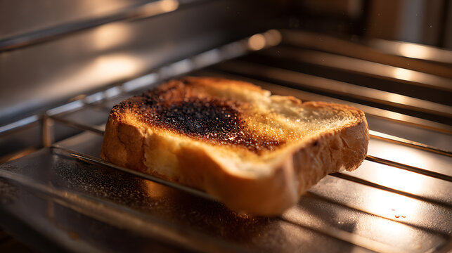 Close up view of burning bread inside a small oven, showing an unfortunate cooking mishap, with warm light and shallow depth of field